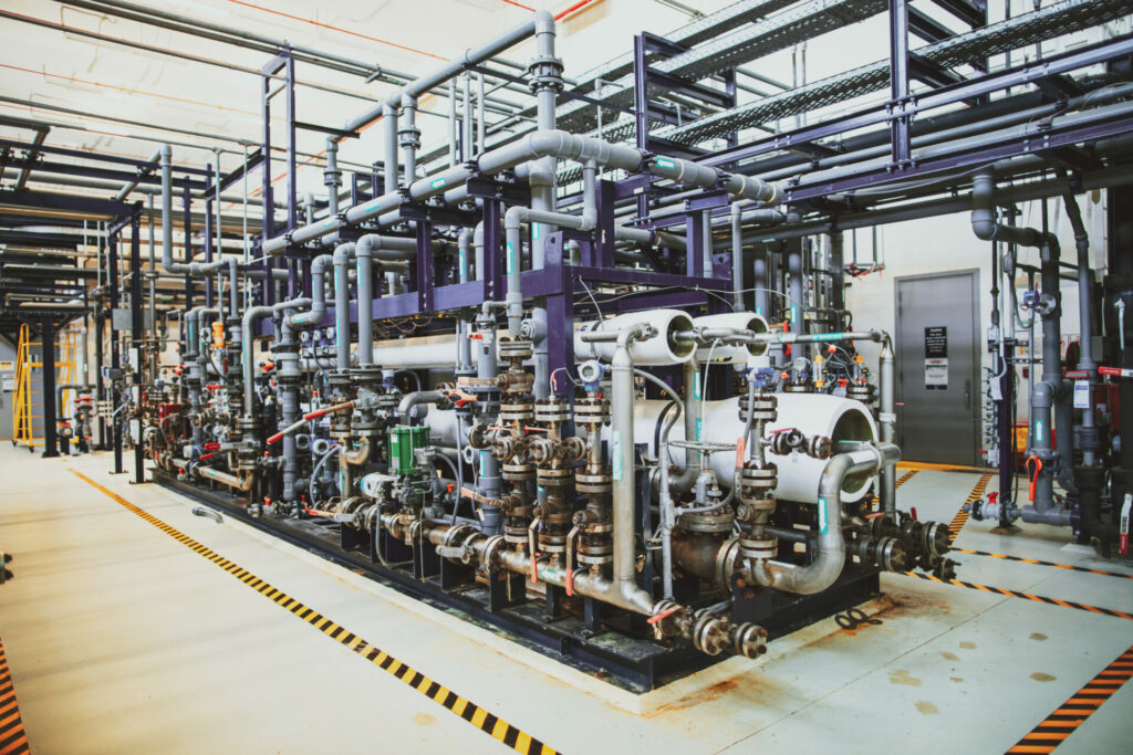 Water for desalination is pumped through membranes that are housed in pressure vessels.
